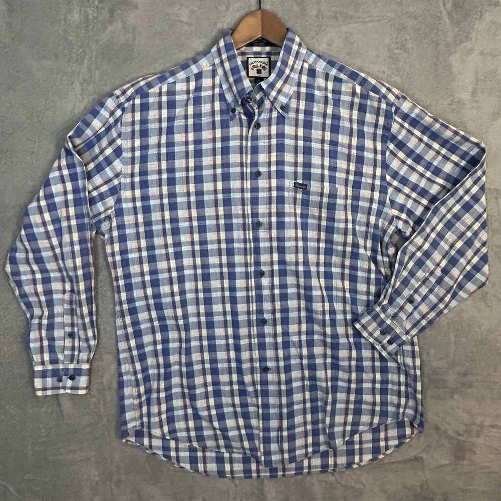 Faconnable Men's L‎ Plaid Button Front Long Sleeve Shirt Blue Orange Cotton